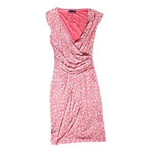 Adrianna Papell Dress Womens Size 4 Pink White Birds Sleeveless V Neck Stretch